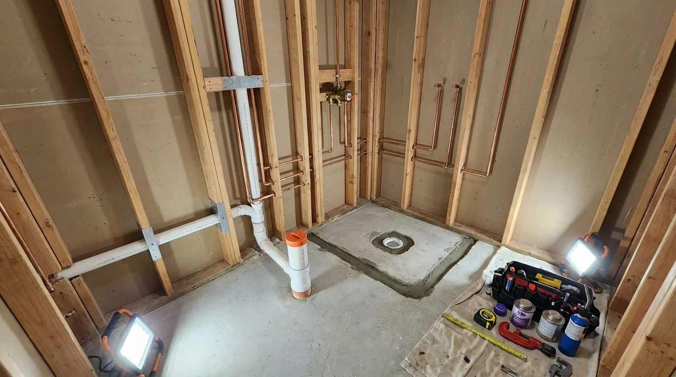 Bathroom rough-in plumbing during remodel by Johns Plumbing LLC in Groveton