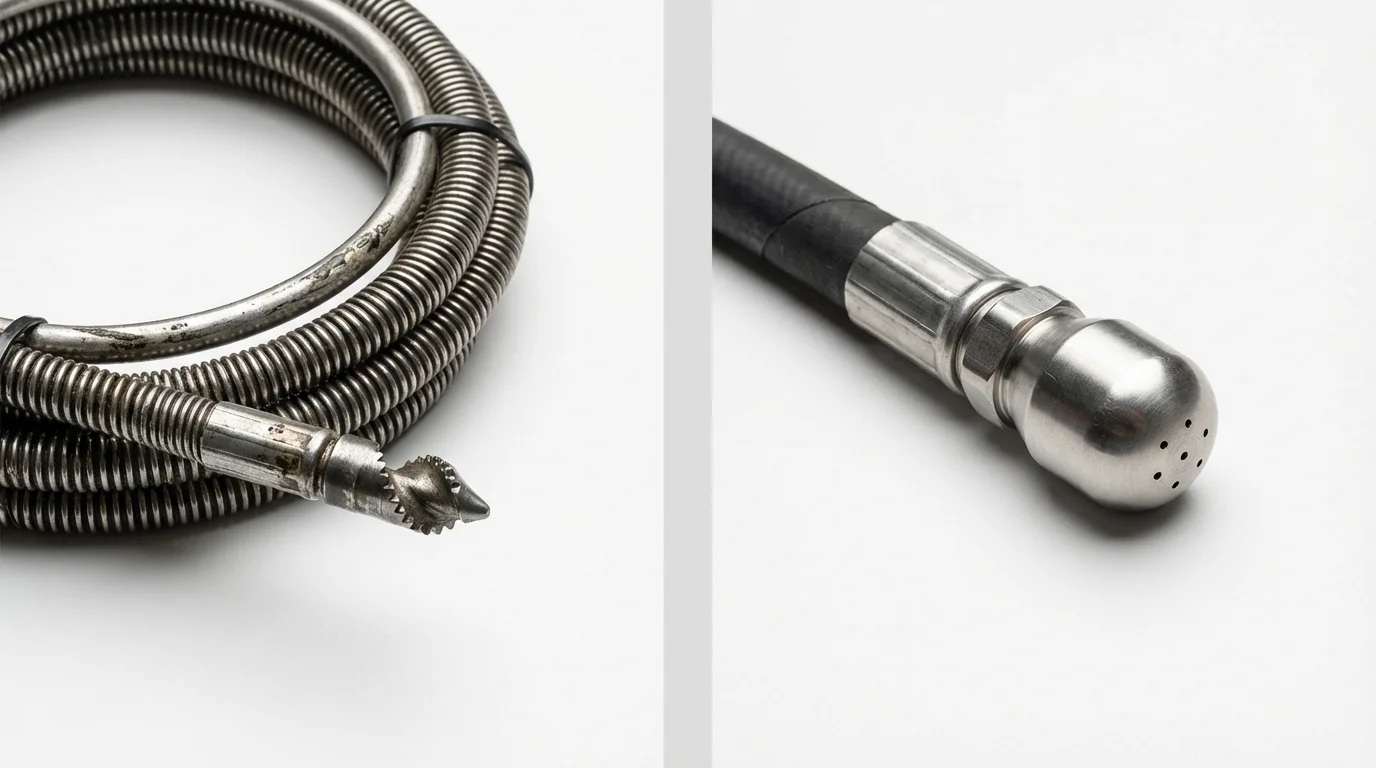 Drain snake cable and hydro jetting nozzle used for drain cleaning in Groveton, TX