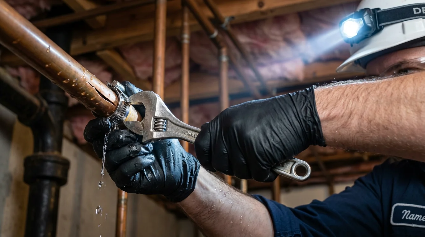 Emergency pipe clamp repair being performed by a Johns Plumbing LLC plumber in Groveton