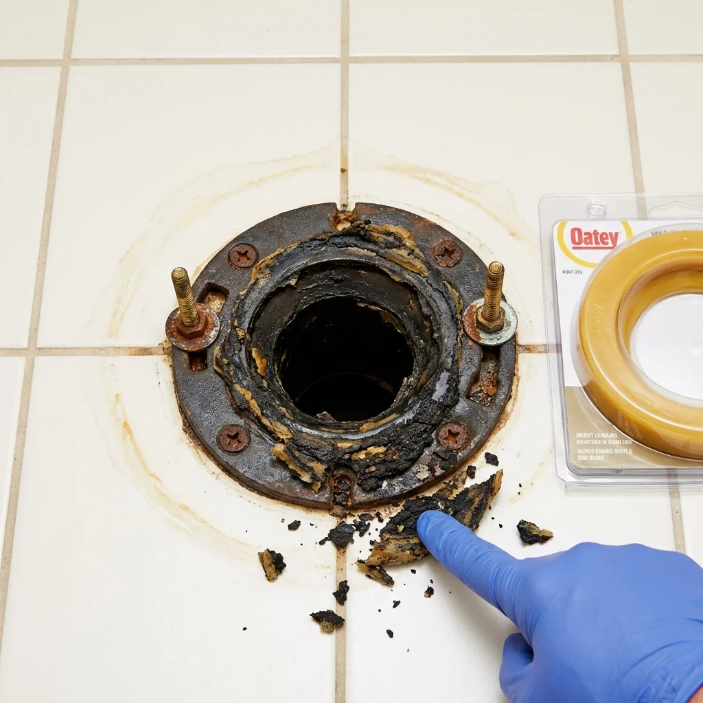 Failed wax ring showing water seepage at the base of a toilet in a Groveton, TX home