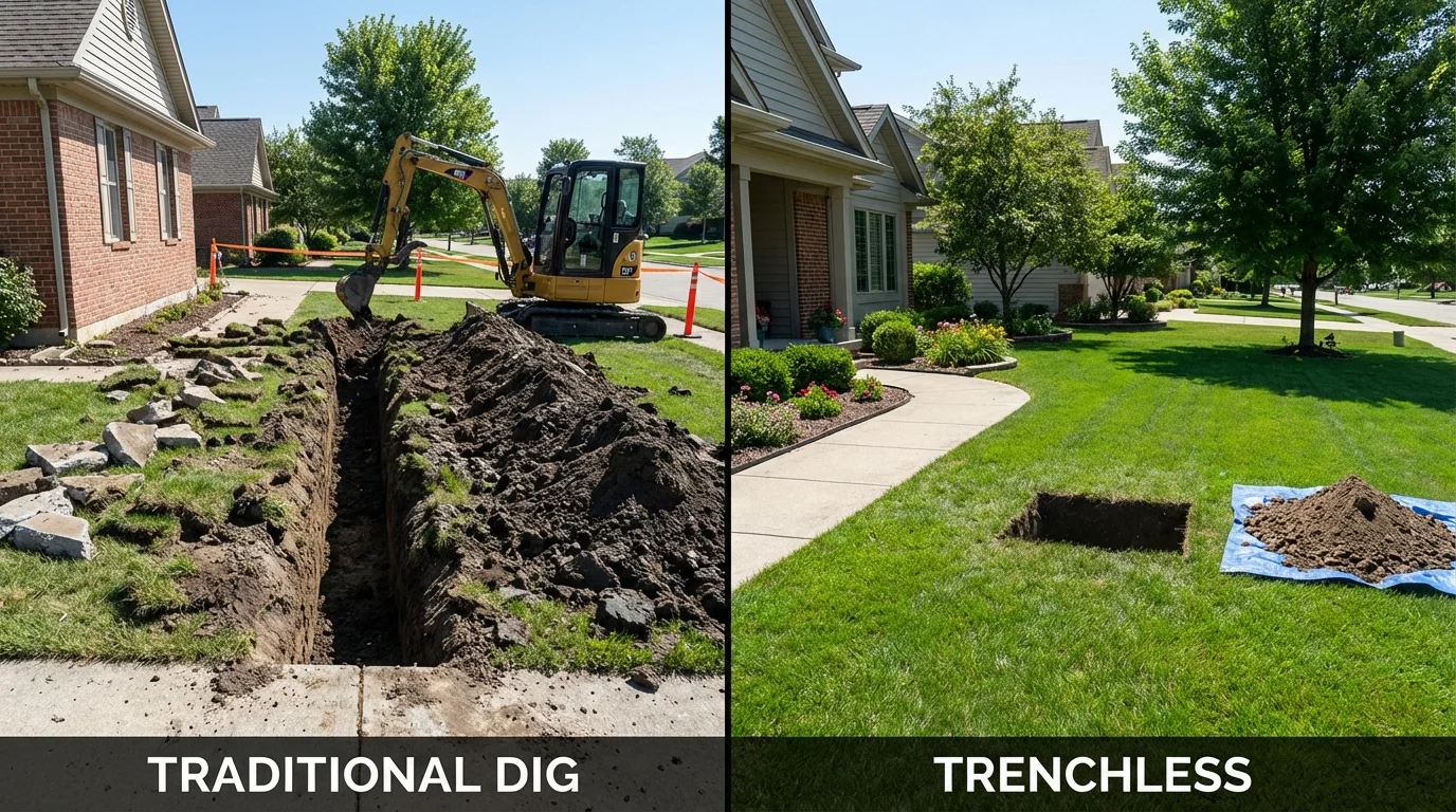 Trenchless sewer repair with minimal yard damage versus traditional excavation in Groveton, TX