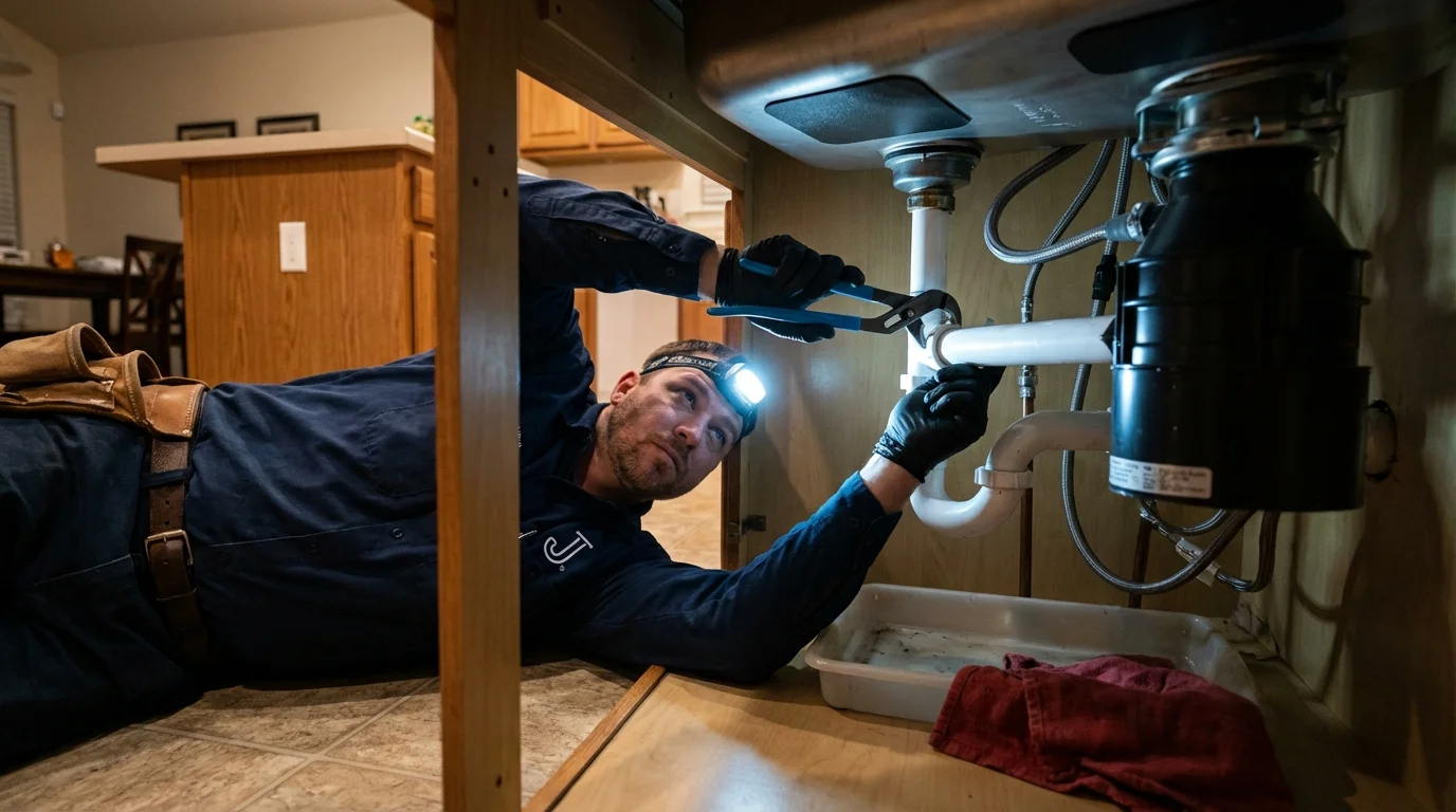 P-trap and supply line connections under a kitchen sink showing a common leak point in Groveton, TX